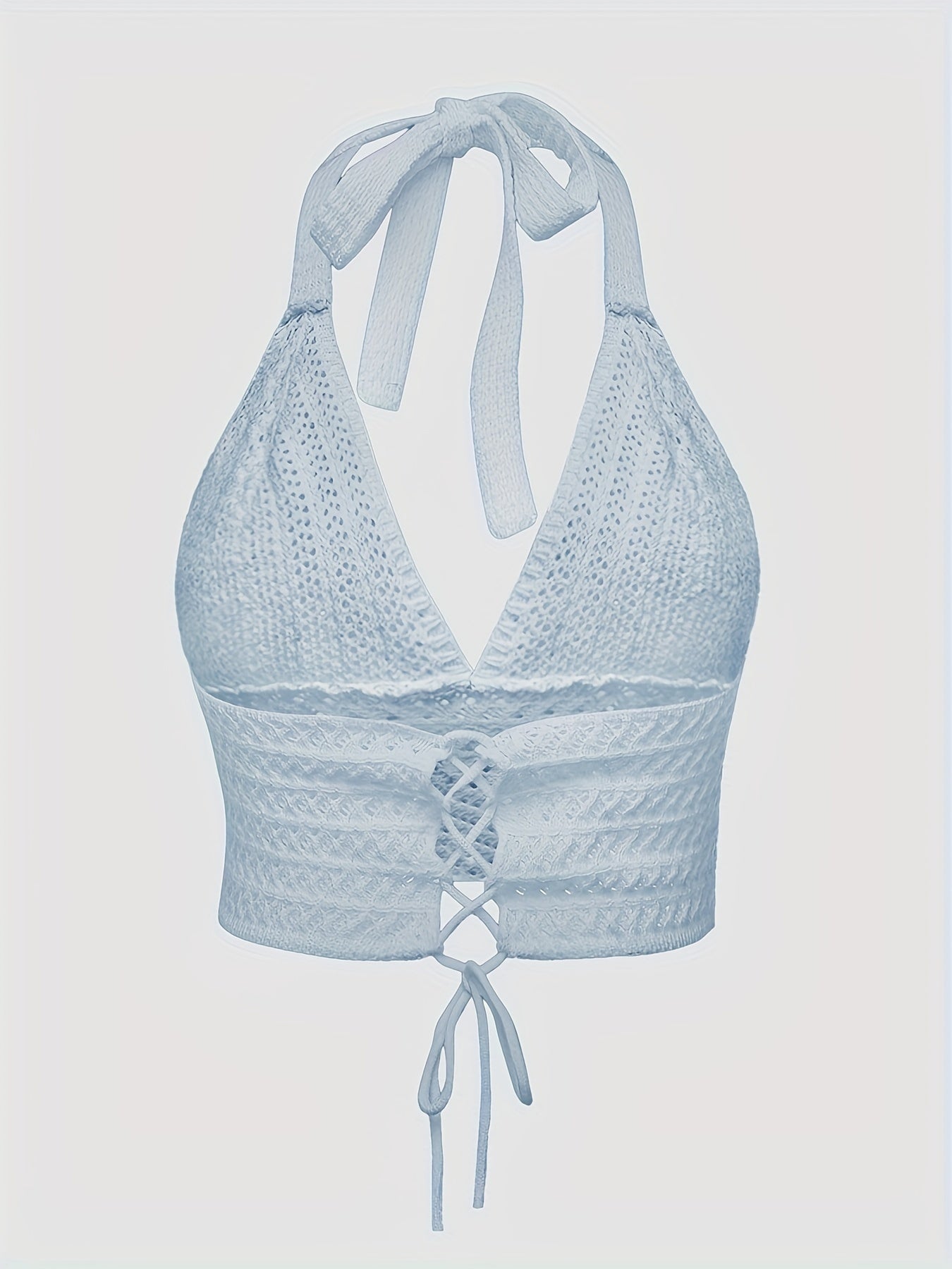 Solid Cross Tie Back Halter Top, Versatile V-neck Backless Crop Knitted Top, Women's Clothing